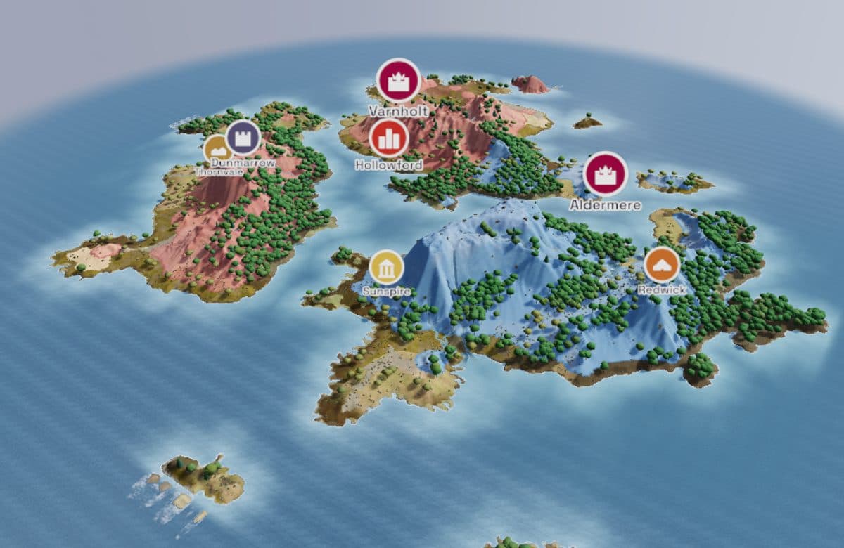 A generated island world rendered in 3D, with forests, snow-capped mountains and rivers running to the sea