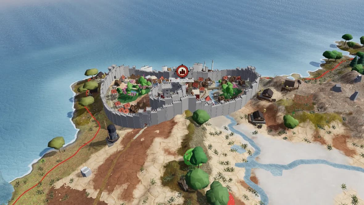 A walled city on a sea cliff in 3D, with farms, a watchtower and a road along the coast