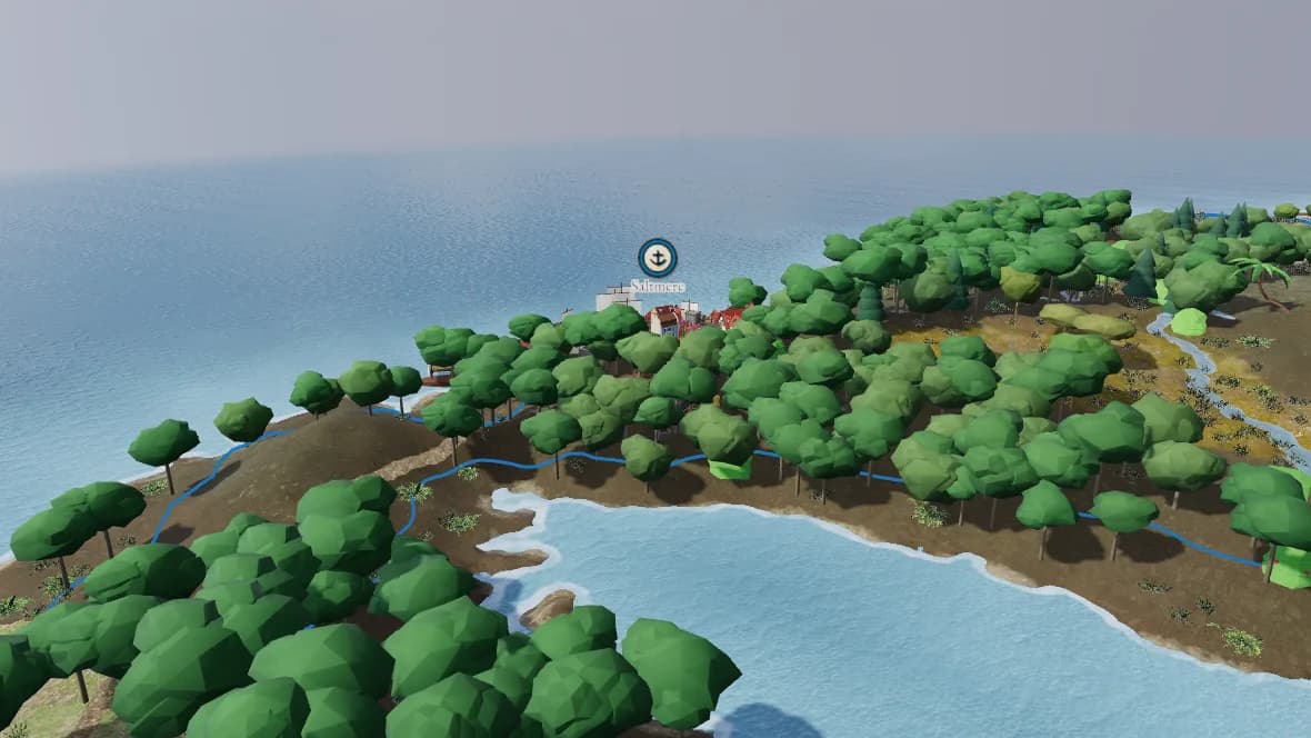 A forested coast in 3D with a river running into a bay