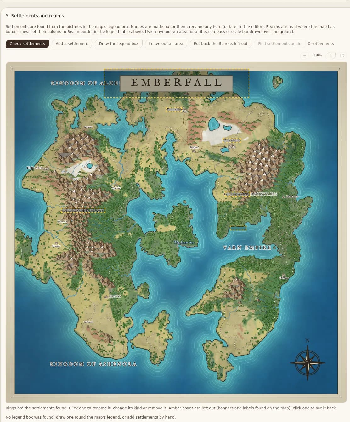 The import wizard's settlements step, with the title banner boxed and left out of the ground