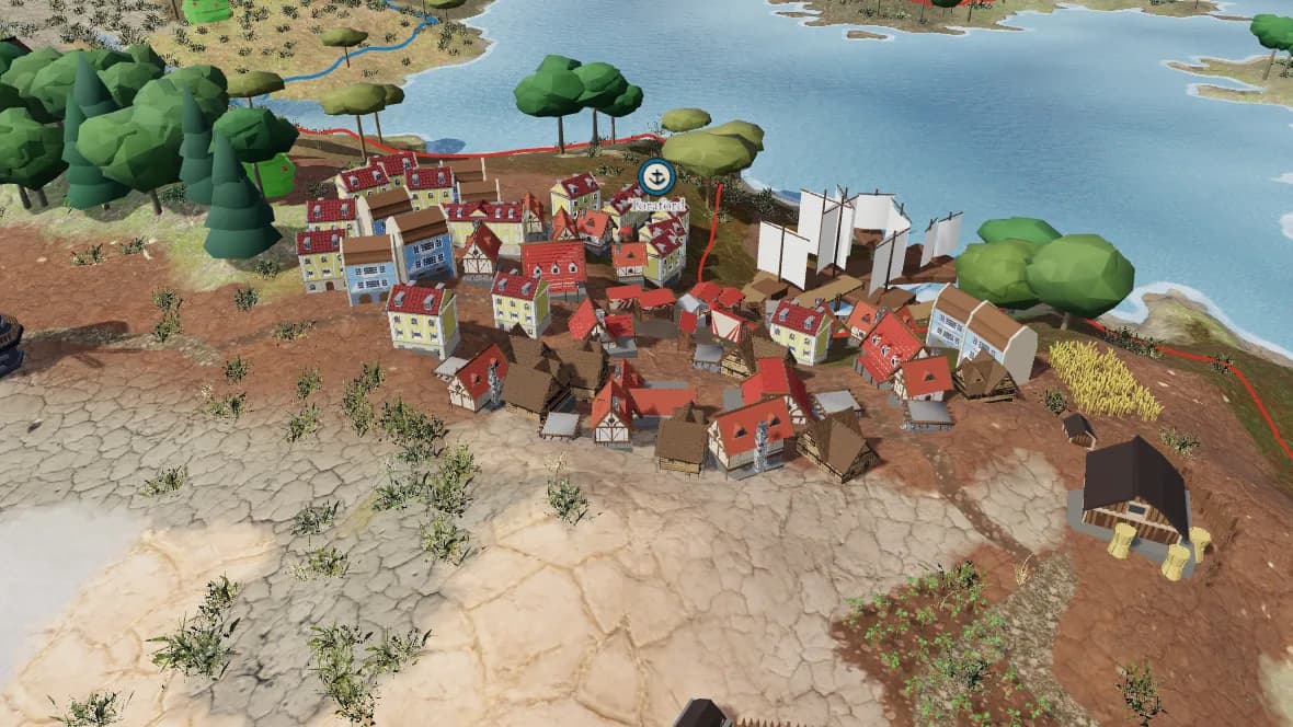 A harbour town in 3D with timber houses, ships at the quay and fields behind it