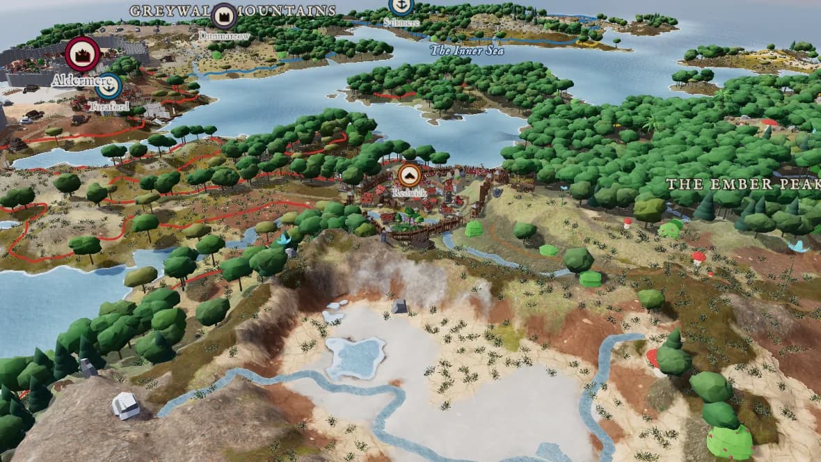 A river valley in 3D with forests, lakes, roads and a town, mountains and kingdoms named in the distance
