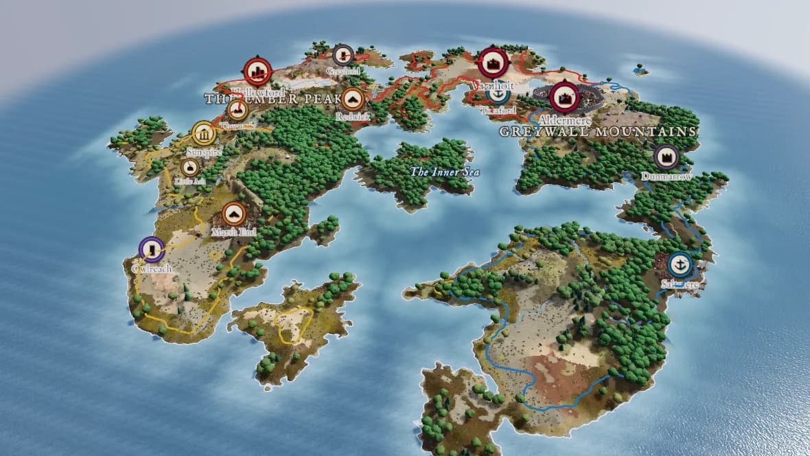 A generated island world in 3D with three kingdoms, named mountain ranges and settlements