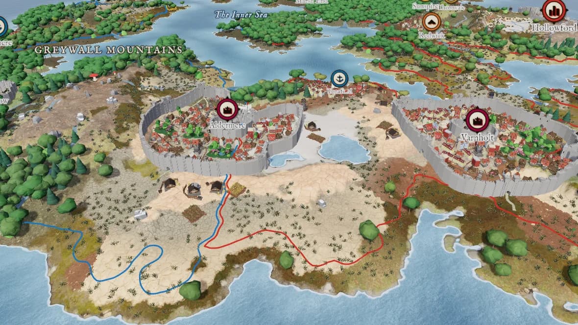 Two walled capitals in 3D beside a lake, with roads, rivers and named mountains beyond